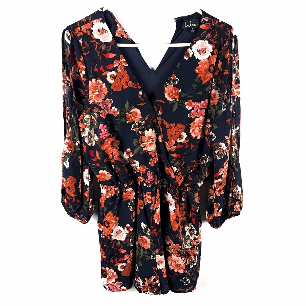 Lulus Floral Romper Dress Overlay Split Sleeve Boho Skort Navy Small - Picture 3 of 16